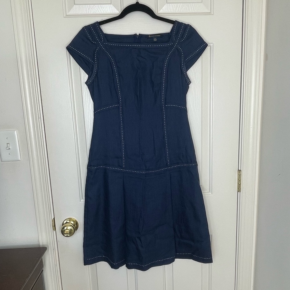 Brooks Brothers Navy Blue Fit & Flare Dress Classic Preppy Workwear linen wool 2